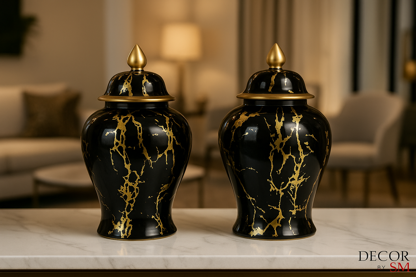 Black and gold marble-effect urns on white marble console table