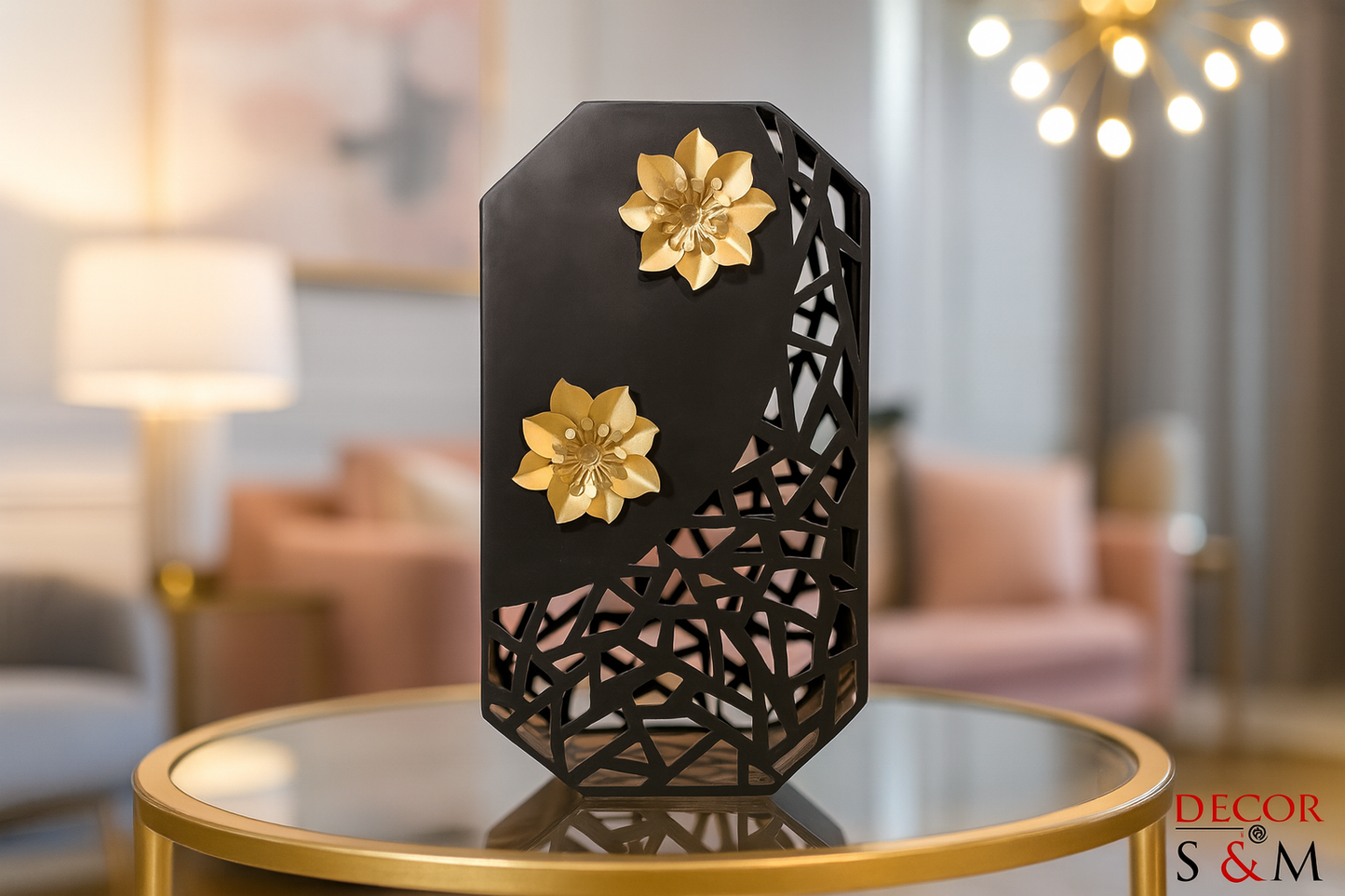 Black geometric lantern with golden flowers on glass table in contemporary living space