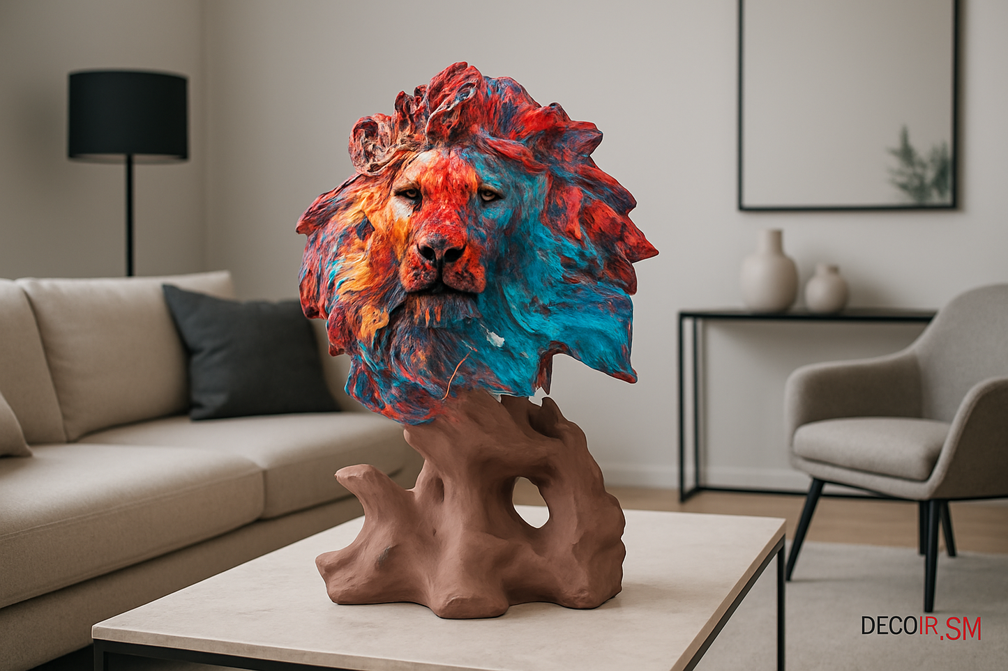 Colorful lion face sculpture in modern living room