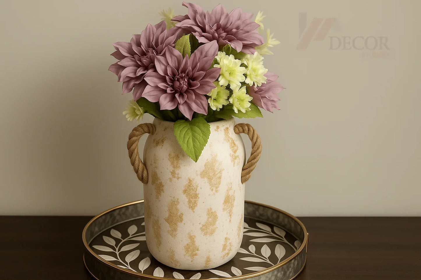 Cream and gold spotted vase with flowers and watermark
