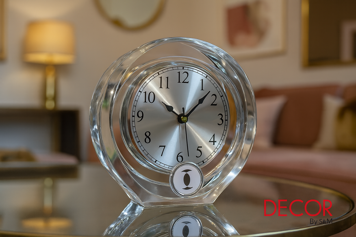 Crystal desk clock on glass table in contemporary living space