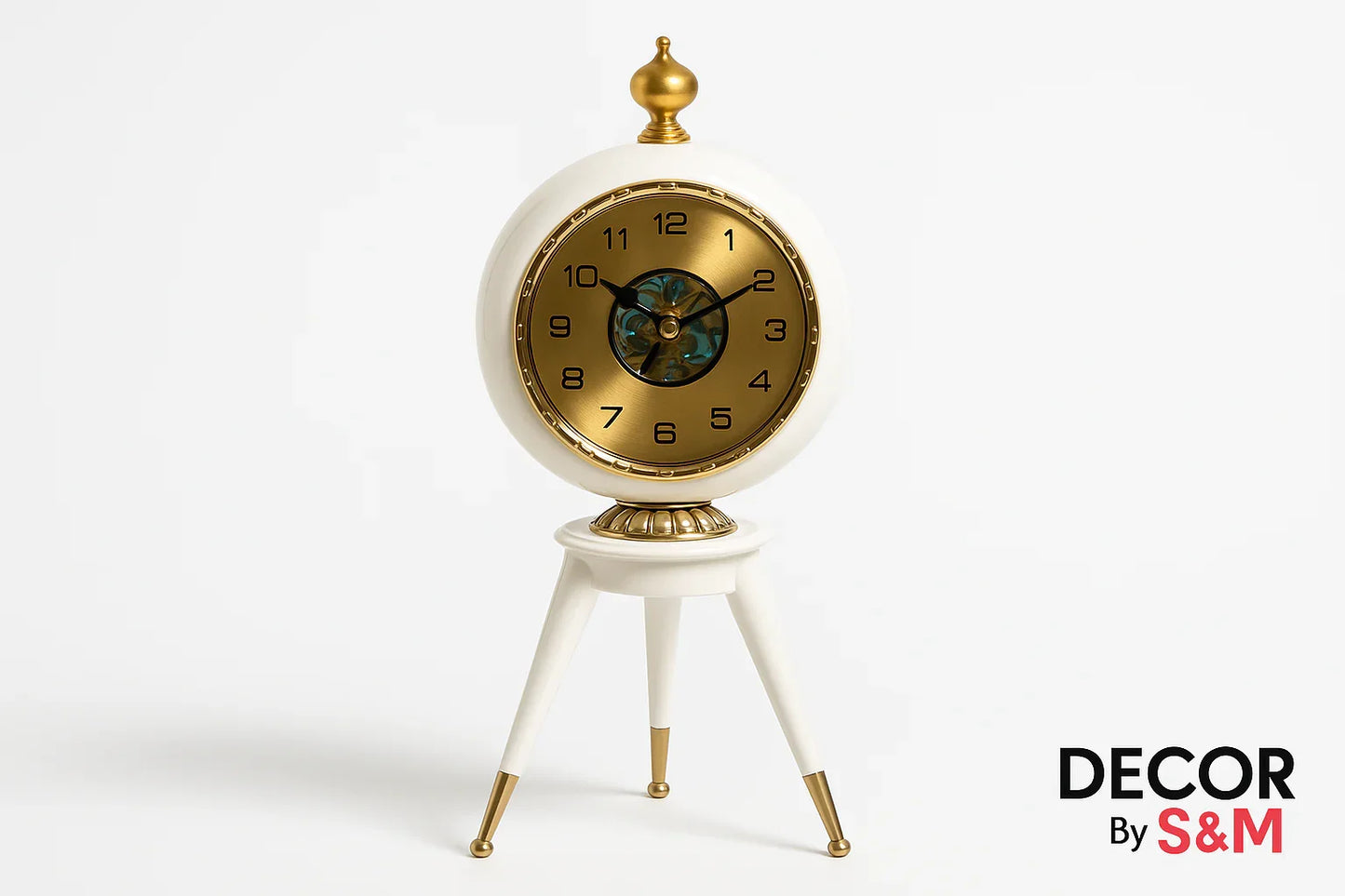 Elegant white and gold vintage table clock on tripod legs with white background