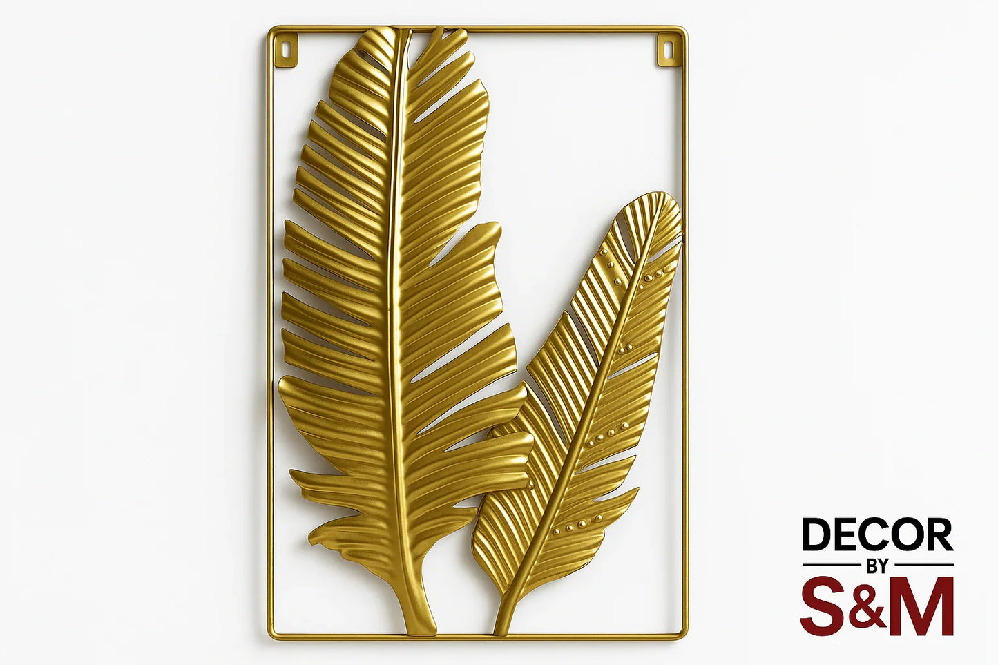 Gold metal feather wall art on white background