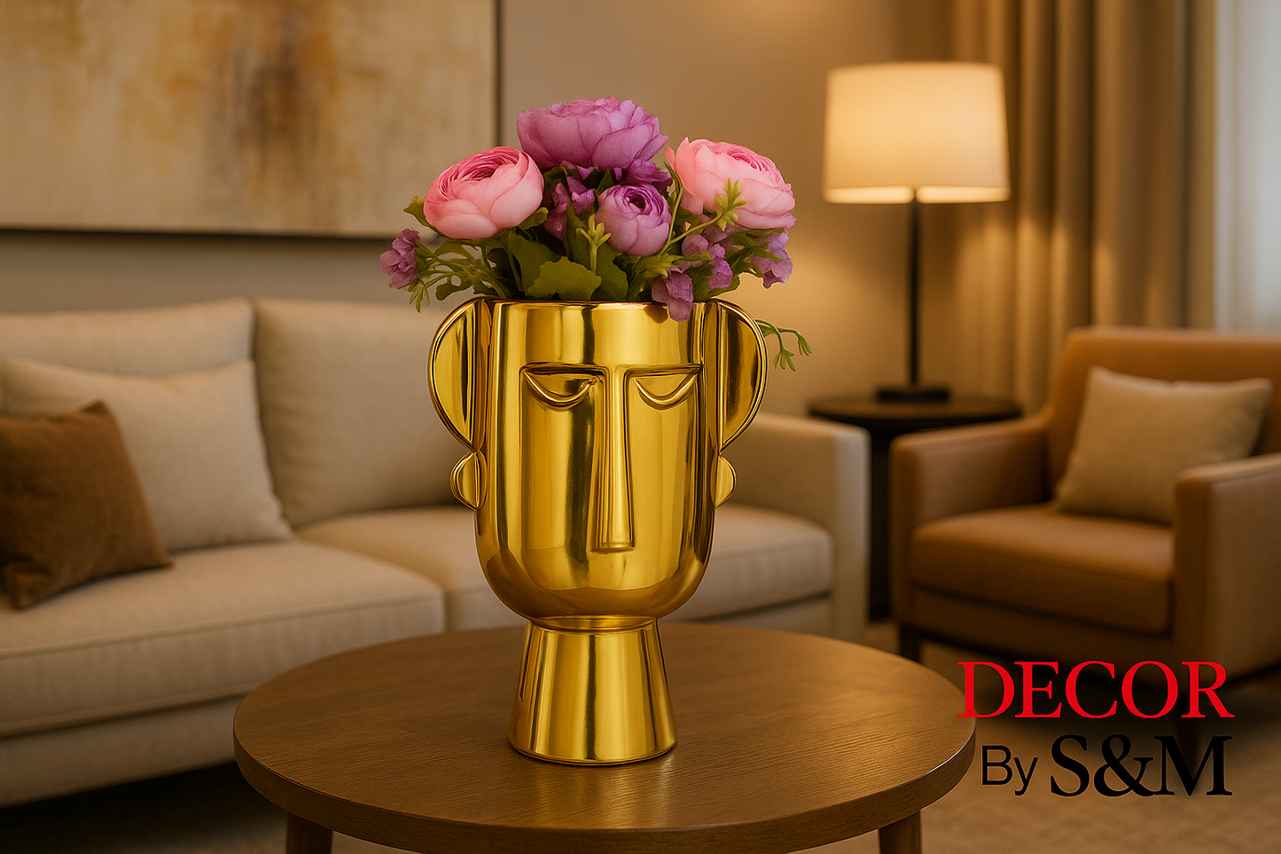 Golden boho face vase on living room console table