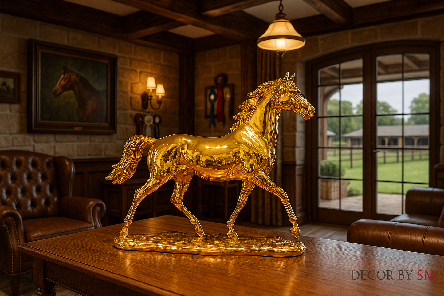 Golden horse stallion sculpture in stud farm