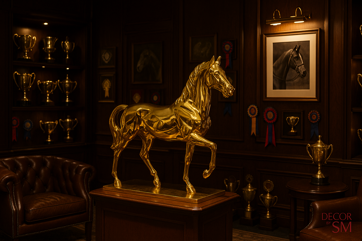 Golden horse stallion sculpture in trophy room