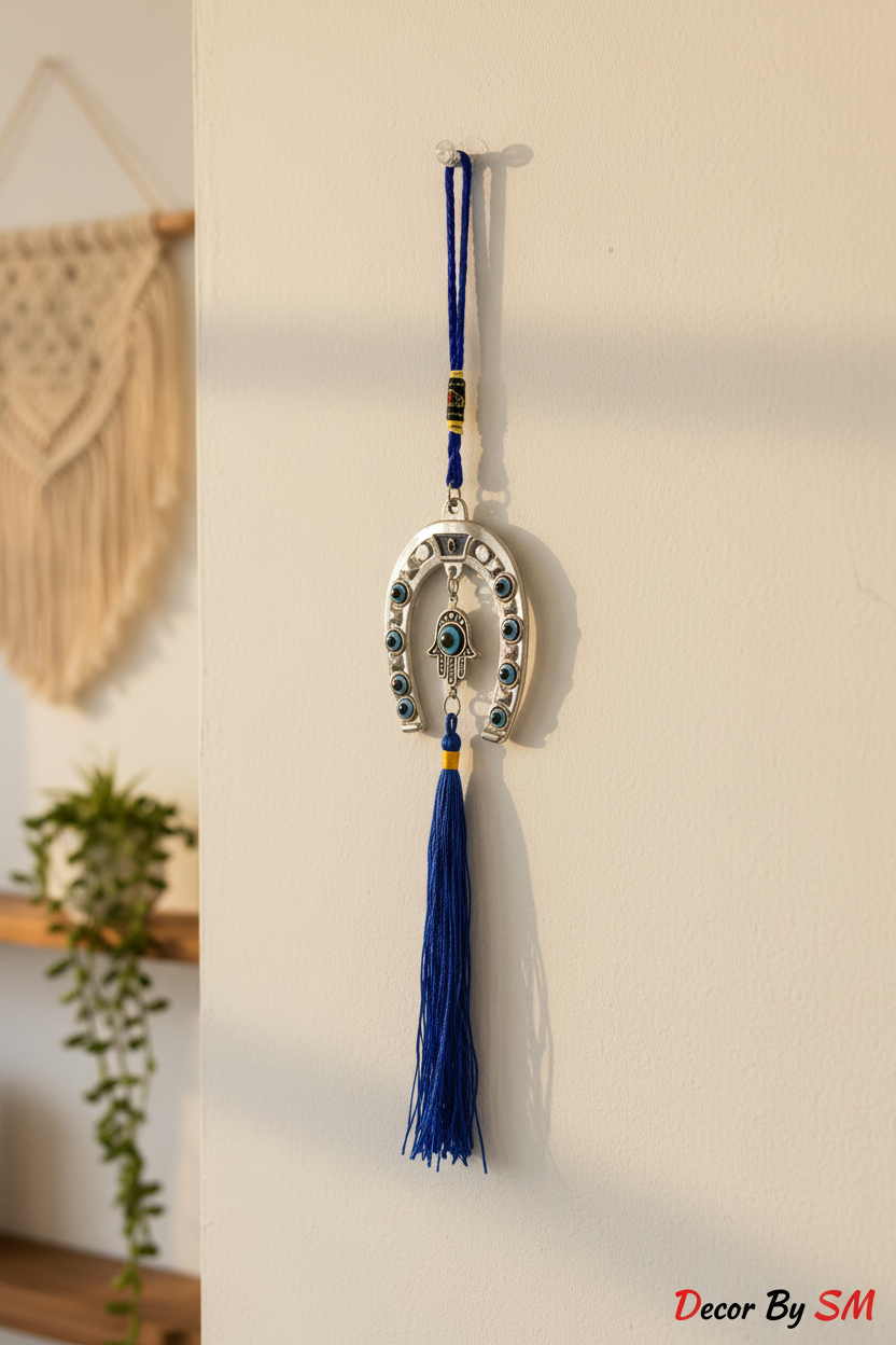 Evil Eye Horseshoe Wall Hanging with Hamsa & Blue Tassel