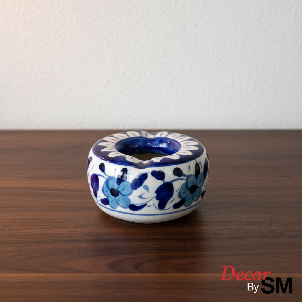Handcrafted Blue Floral Pottery Ashtray
