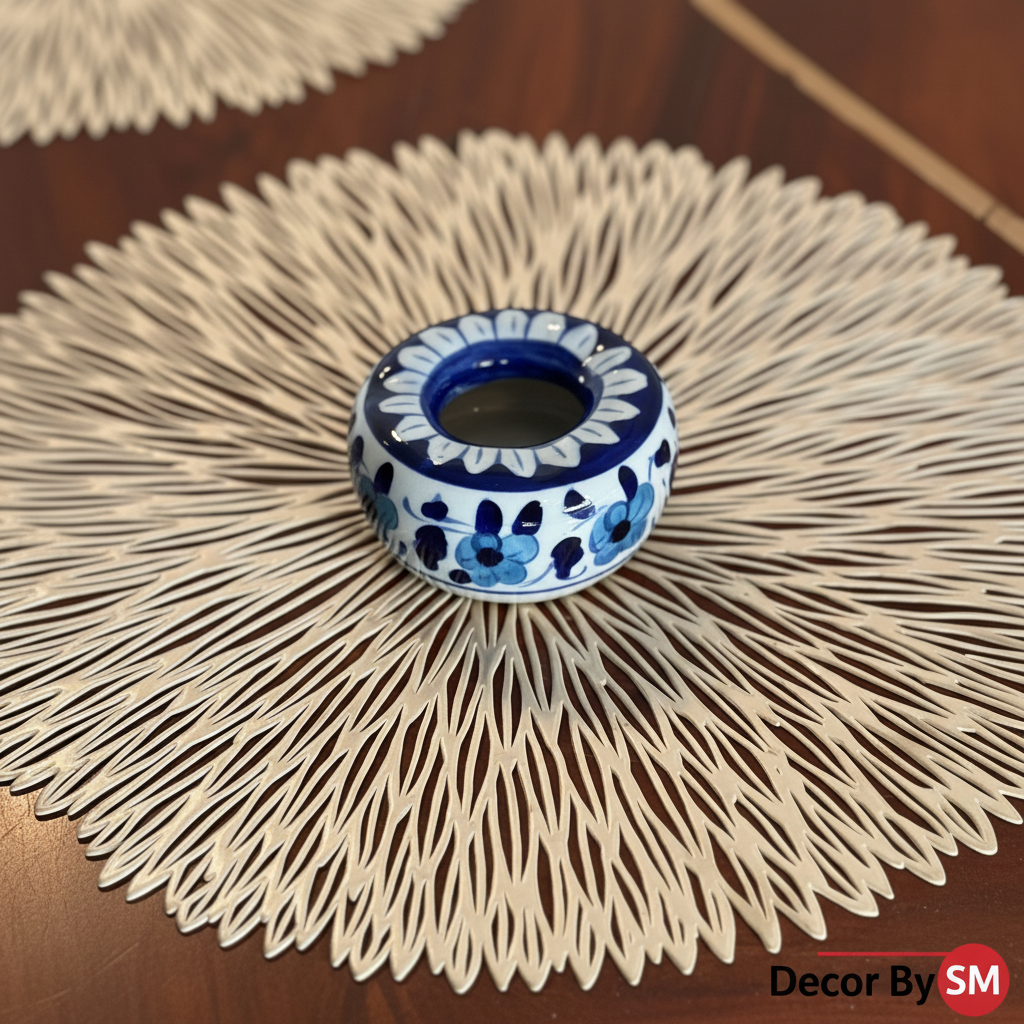Handcrafted Blue Floral Pottery Ashtray