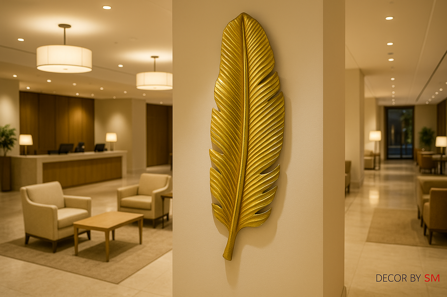 Lobby area with 32" x 9" golden leaf wall art
