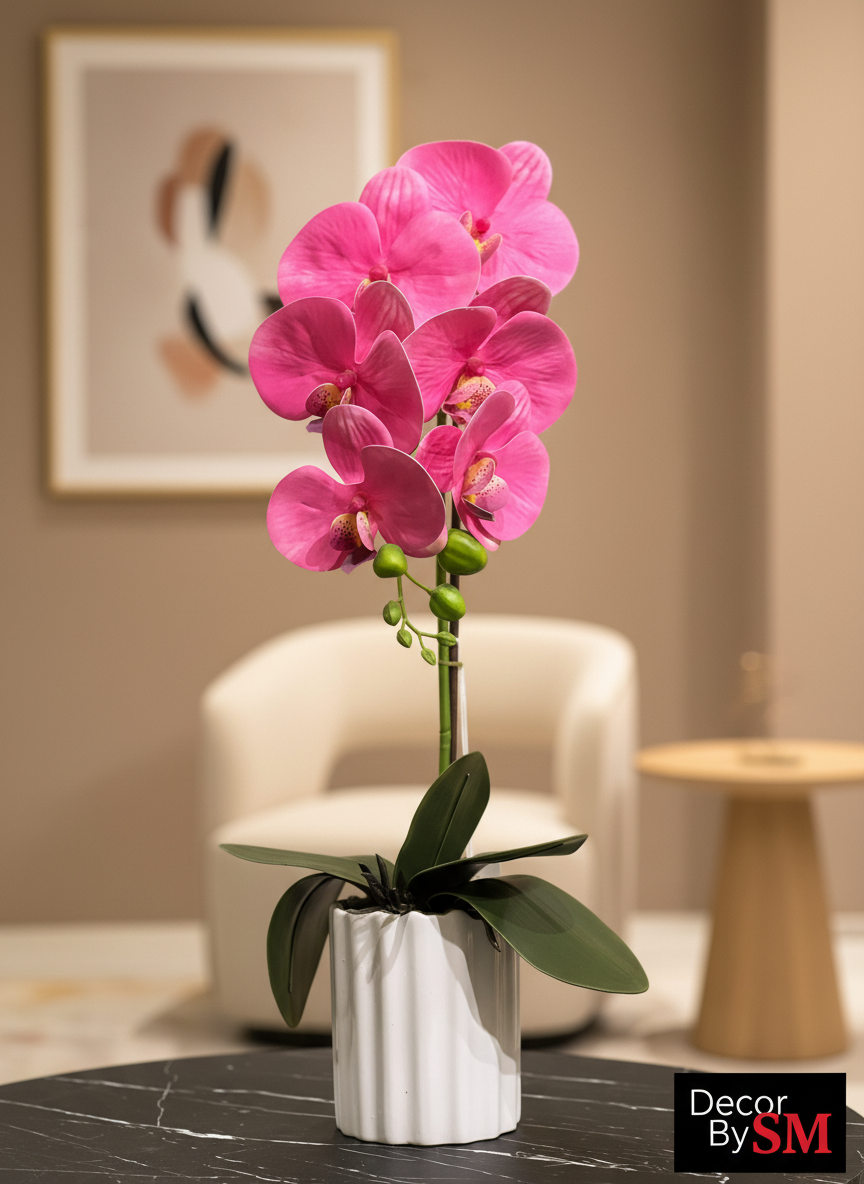 Pink Orchid in White Textured Vase - Modern Interior