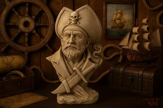 20-inch pirate captain statue in maritime setting