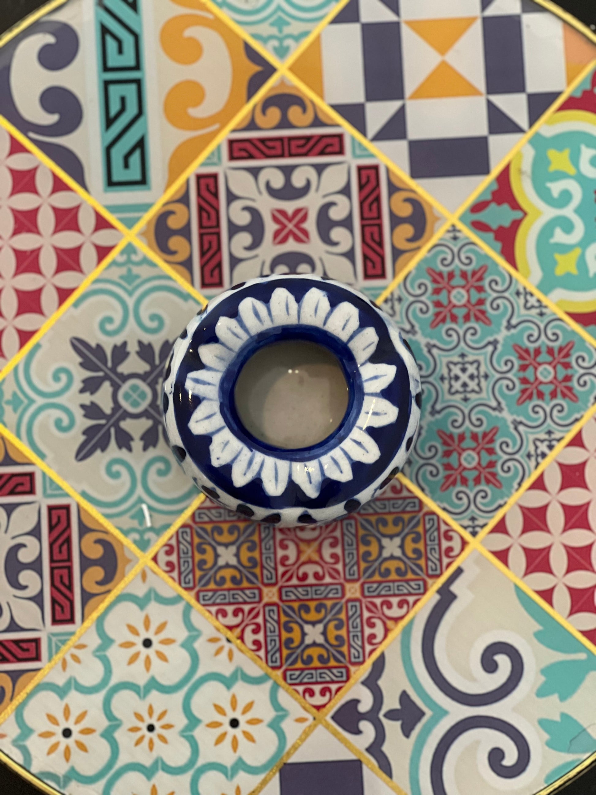 Top view of blue and white ceramic pottery ashtray