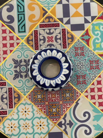 Top view of blue and white ceramic pottery ashtray