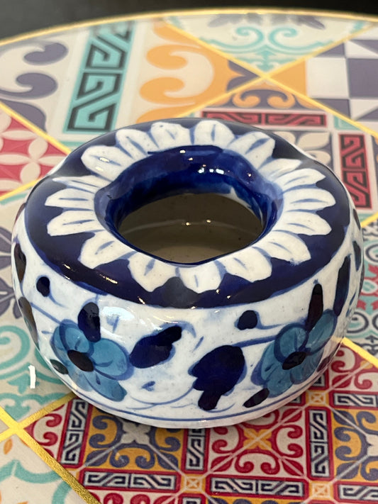 Handcrafted Blue Floral Pottery Ashtray