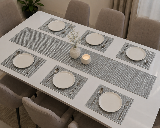Silver Woven Placemat Set - 6 Placemats & 1 Table Runner