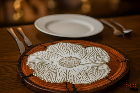 Artisanal flower design table mat in wood frame with cutlery on dining table