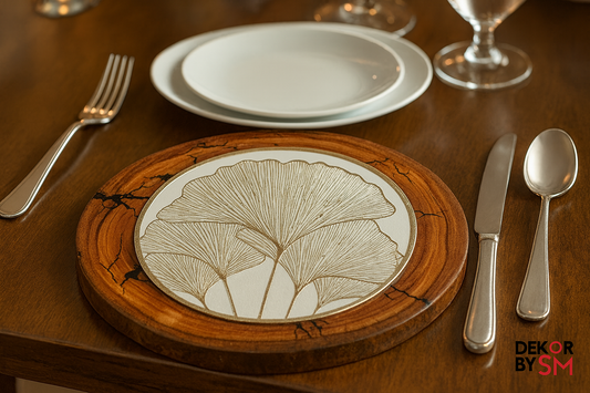 Artisanal ginkgo leaf table mat in wood frame with cutlery on dining table