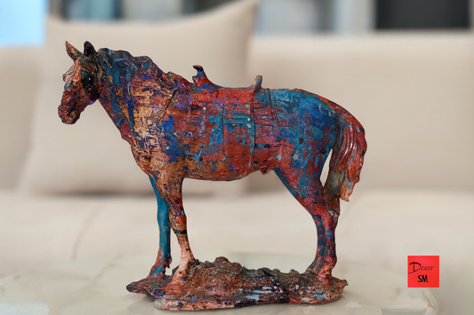 Artistic horse sculpture with vibrant patterns on modern side table