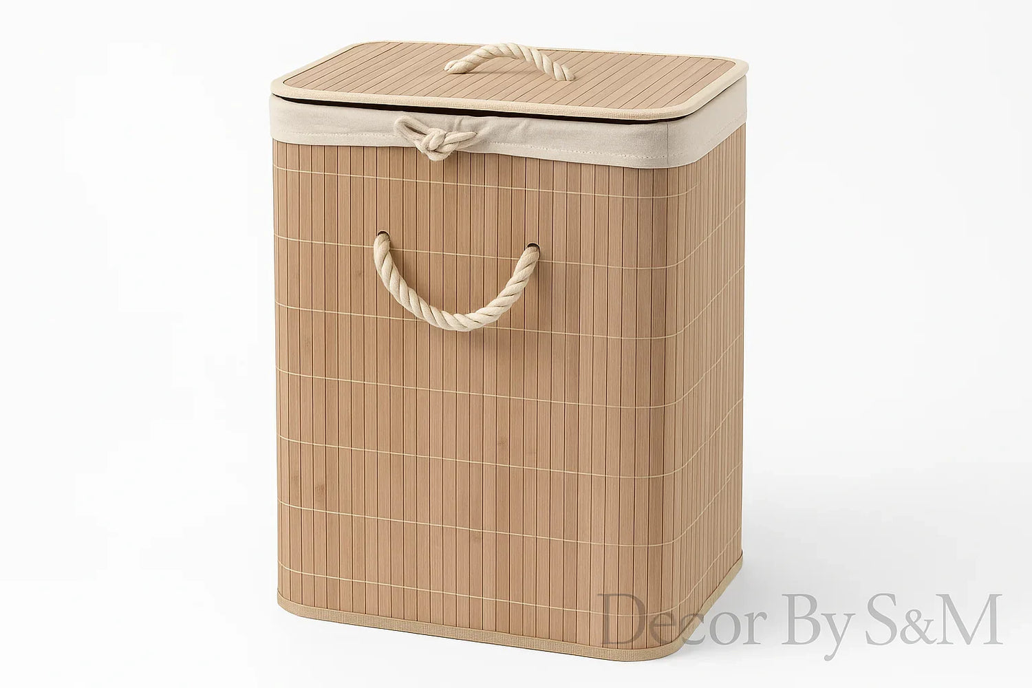 Bamboo laundry hamper with fabric liner, white background and watermark