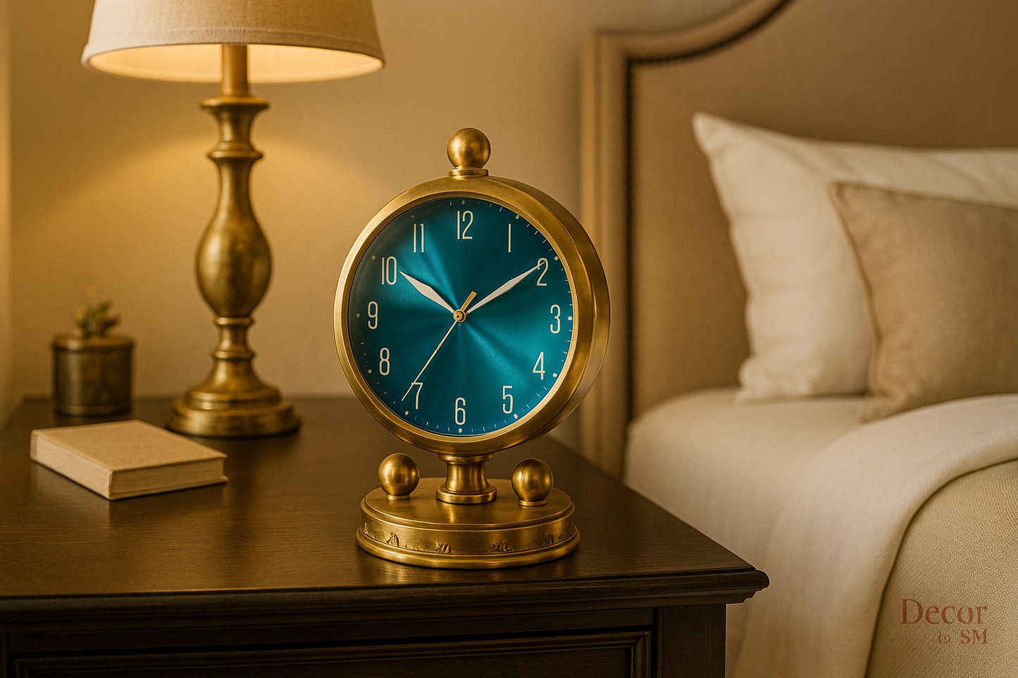 Bedroom with elegant golden table clock