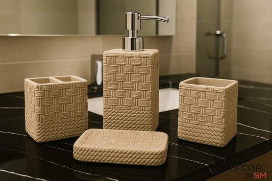 Beige textured woven bathroom set in washroom