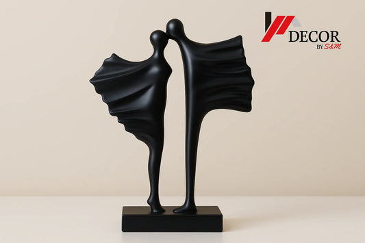 Black abstract dancing figures sculpture with new background and watermark