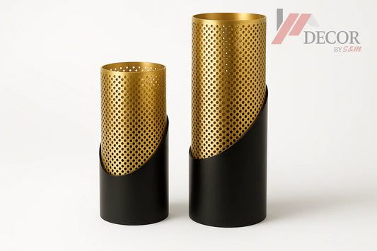 Black and gold decorative vases with watermark