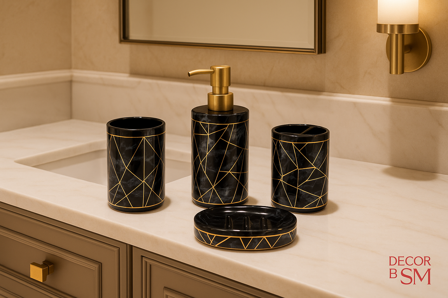 Black and gold geometric bathroom set on bath vanity
