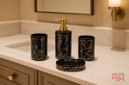 Black and gold geometric bathroom set on bath vanity