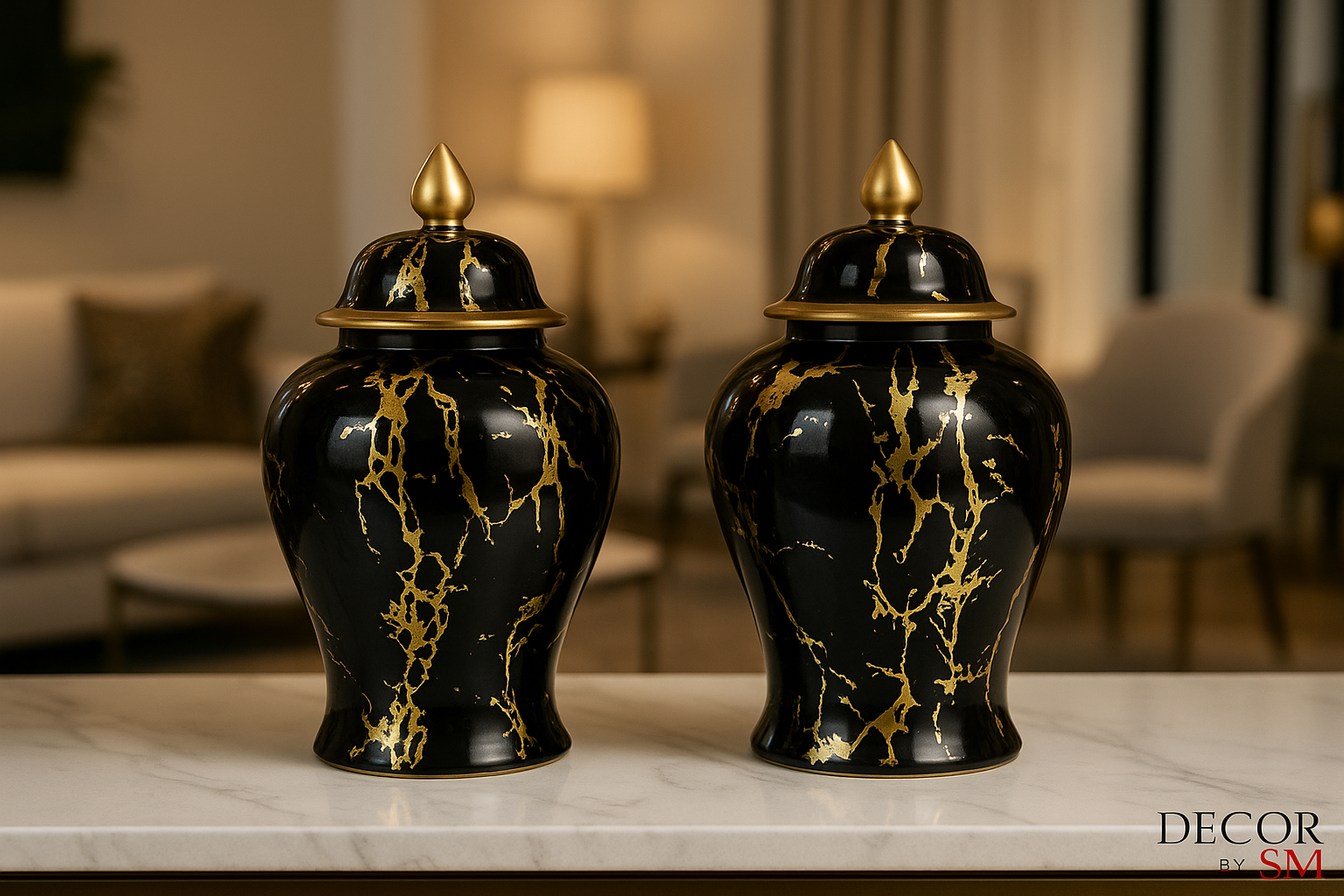 Black and gold marble-effect urns on white marble console table