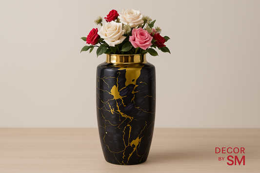 Black and gold marble vase with minimal background