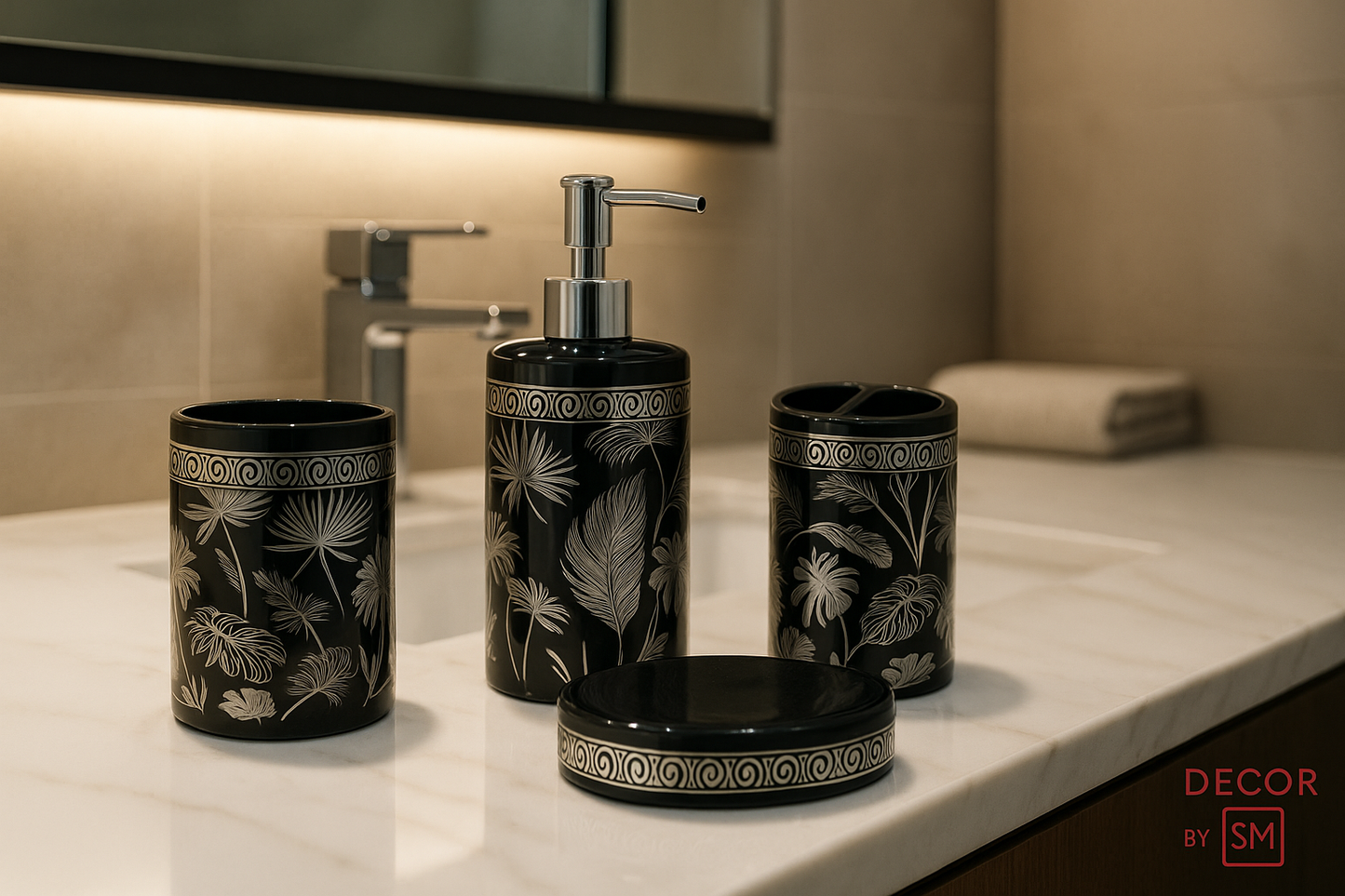 Black and silver tropical leaf bathroom set