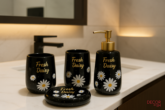 Black "Fresh Daisy" bathroom set in washroom