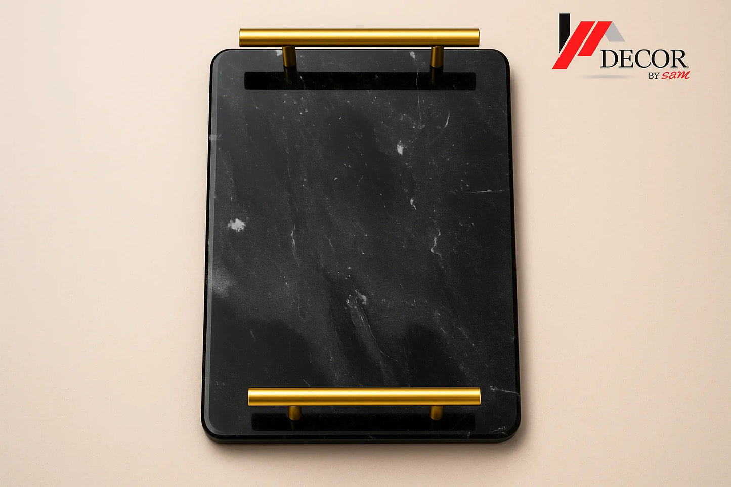 Black marble serving tray top view with new background and watermark