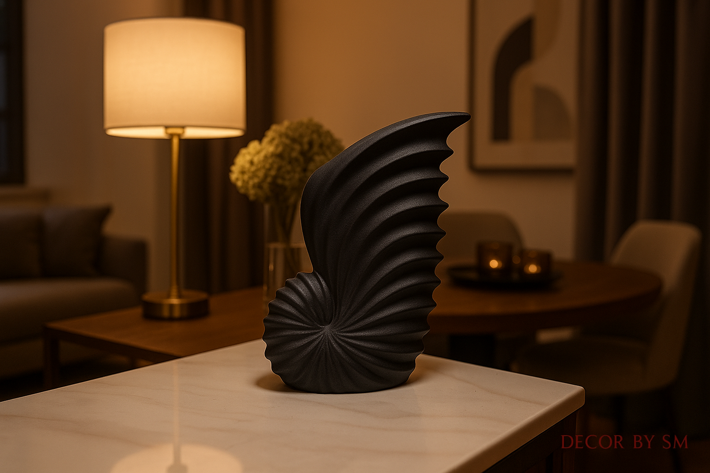 Black sculptural wing-shaped vase in elegant setting