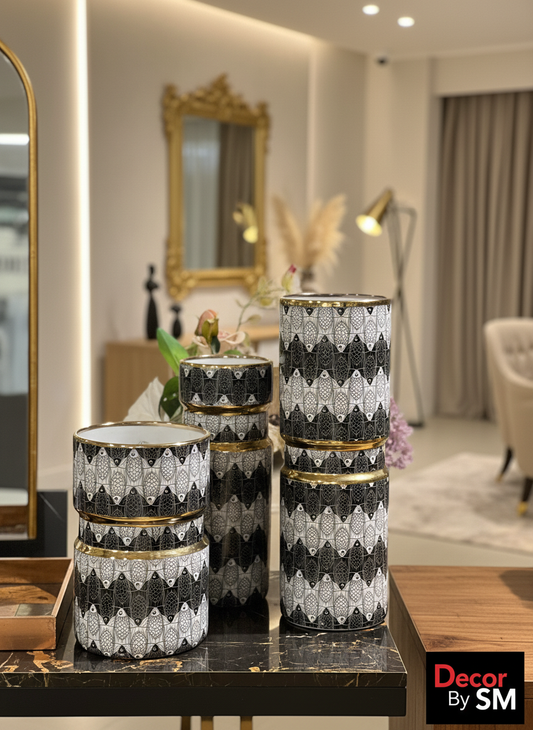 Black & White Patterned Containers - Modern Interior Set