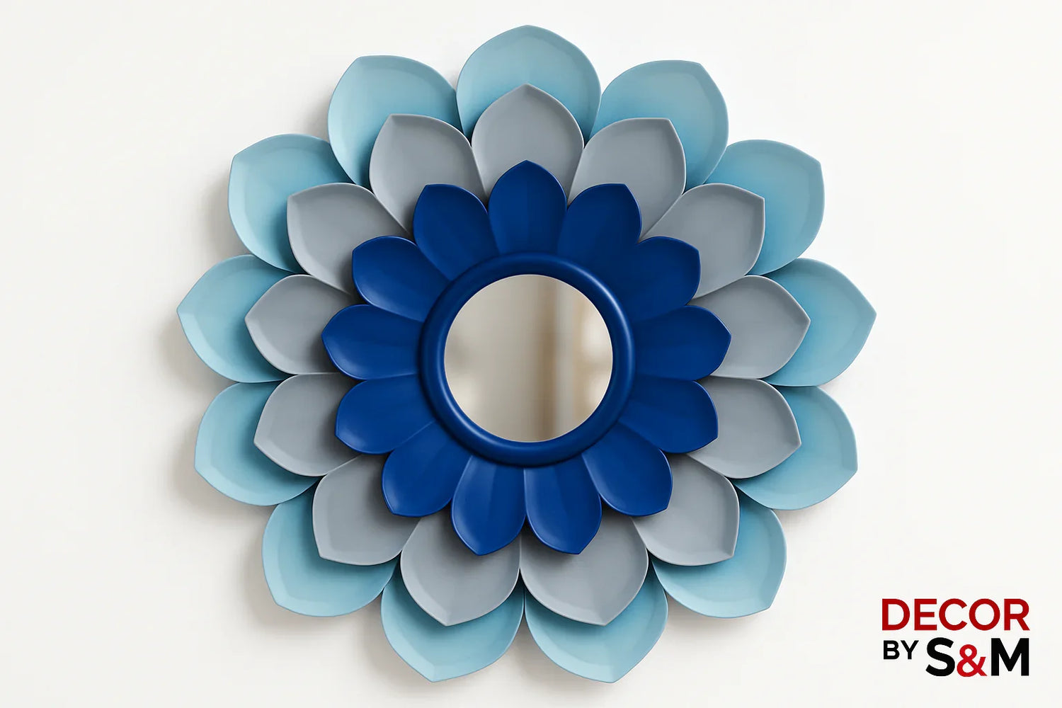 Blue gradient layered metal flower wall art on white background