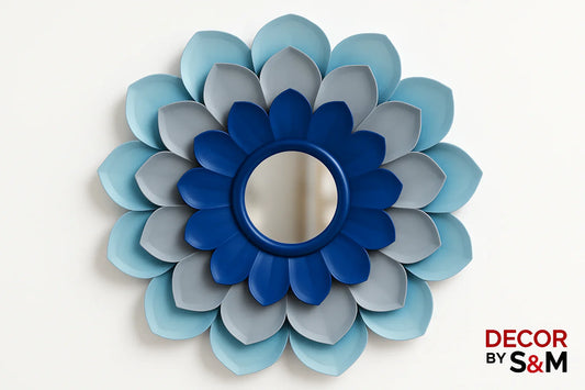Blue gradient layered metal flower wall art on white background