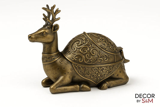 Bronze deer figurine incense burner closed view on white background