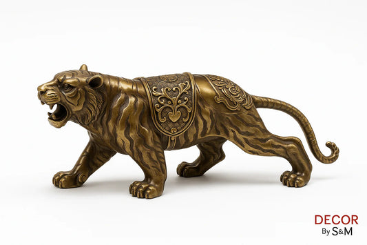 Bronze tiger figurine side view on white background