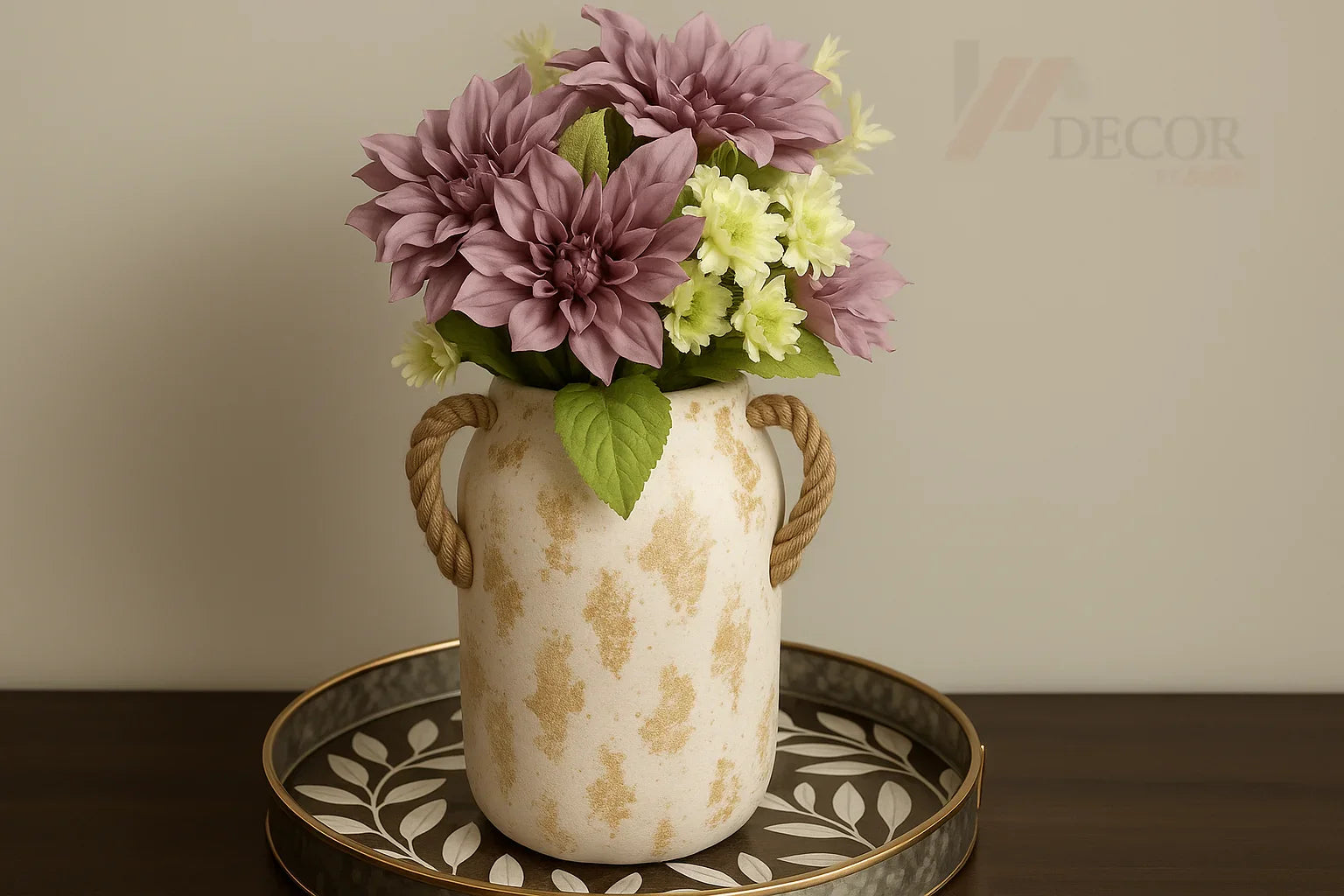 Cream and gold spotted vase with flowers and watermark