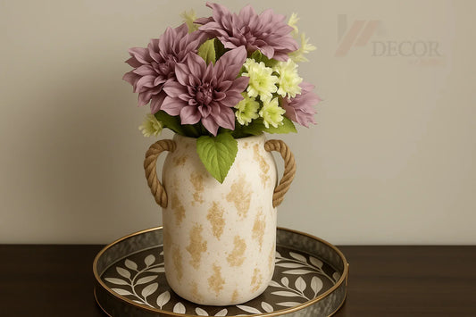 Cream and gold spotted vase with flowers and watermark