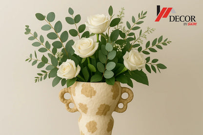 Cream and gold vase with flowers and watermark