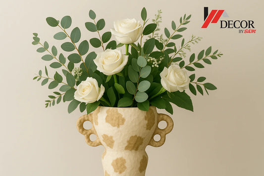 Cream and gold vase with flowers and watermark