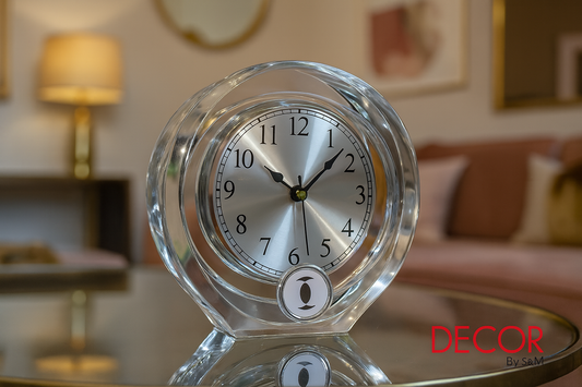 Crystal desk clock on glass table in contemporary living space