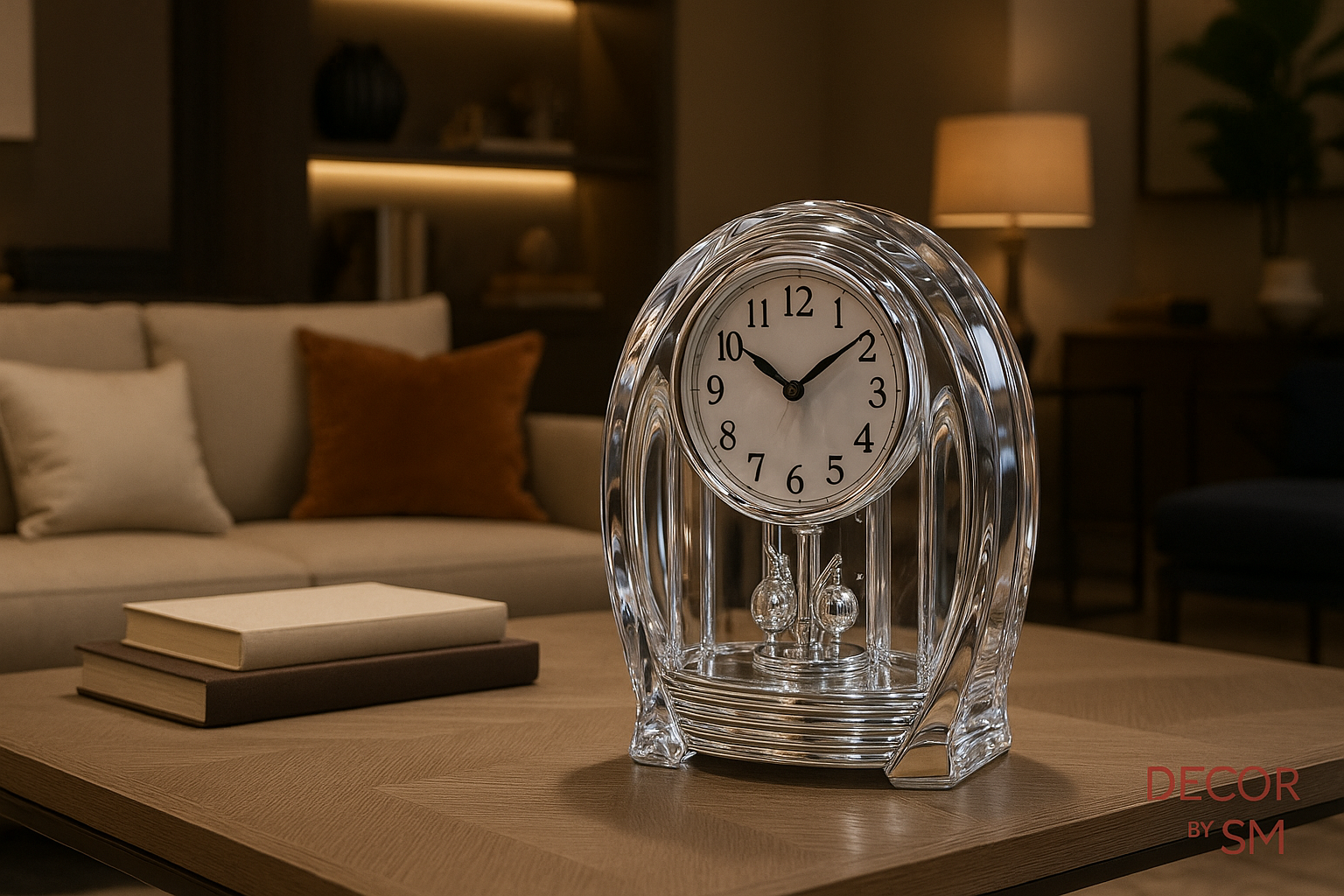 Crystal table clock with silver accents on table