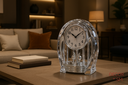 Crystal table clock with silver accents on table