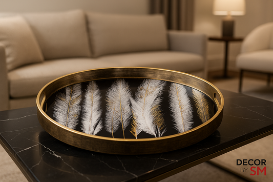 Elegant feather-patterned serving tray on modern coffee table