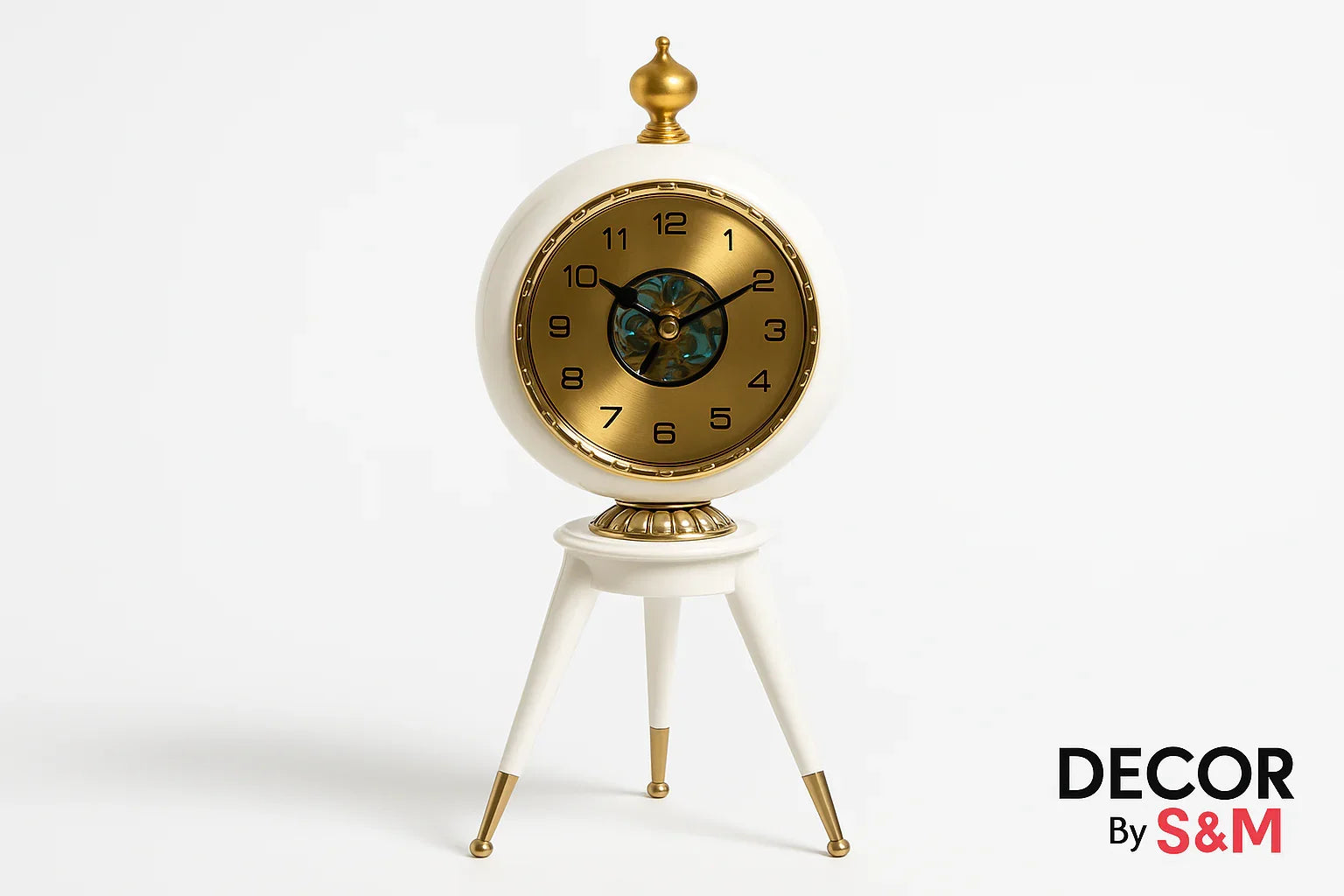 Elegant white and gold vintage table clock on tripod legs with white background